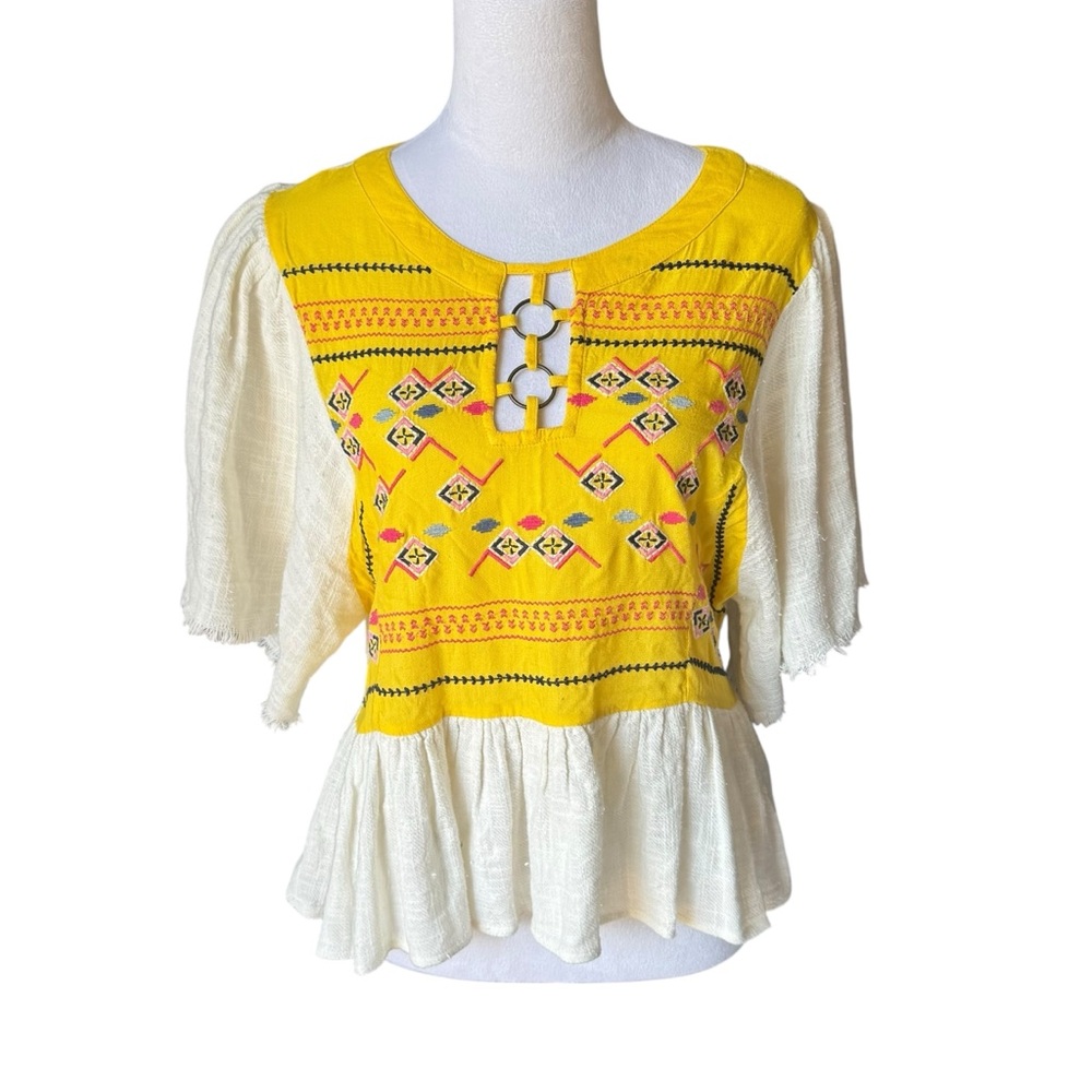 Rocks & Indigo Embroidered Peplum Boho Top Yellow Gauze Cotton Medium